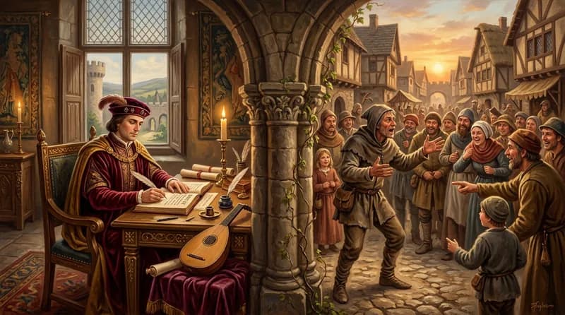 Contraste entre trovador componiendo en un castillo y juglar recitando en una plaza medieval